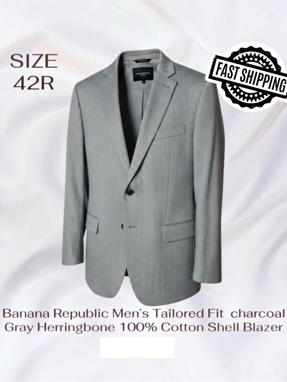 Banana Republic Tailored Fit Gray Herringbone 100% Cotton Shell Blazer Mens 42R
